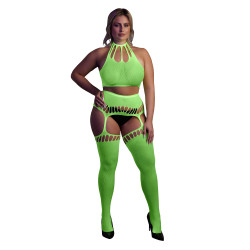 Ouch! Glow Ensemble Bustier Dos nu et Porte-Jarretelles 2 Pièces Vert Fluo